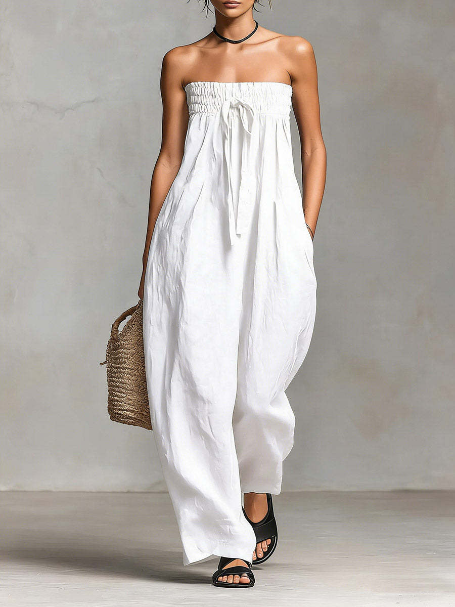 Women Spring Clothing Lace up Tube Top Smocking Jumpsuit Strapless