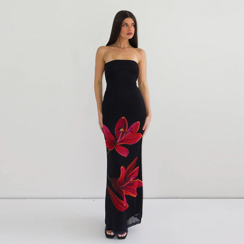 Women Clothing Summer Personalized Printed off Neck Tube Top Backless Tied Dress