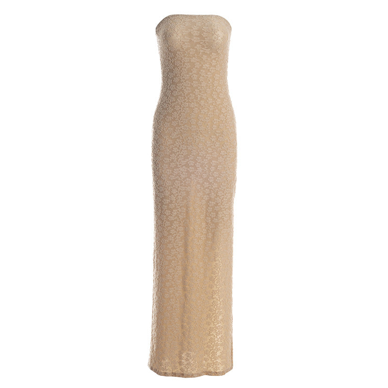 Tube Top Split Height Waist Slimming Jacquard Fabric Sheath Maxi Dress