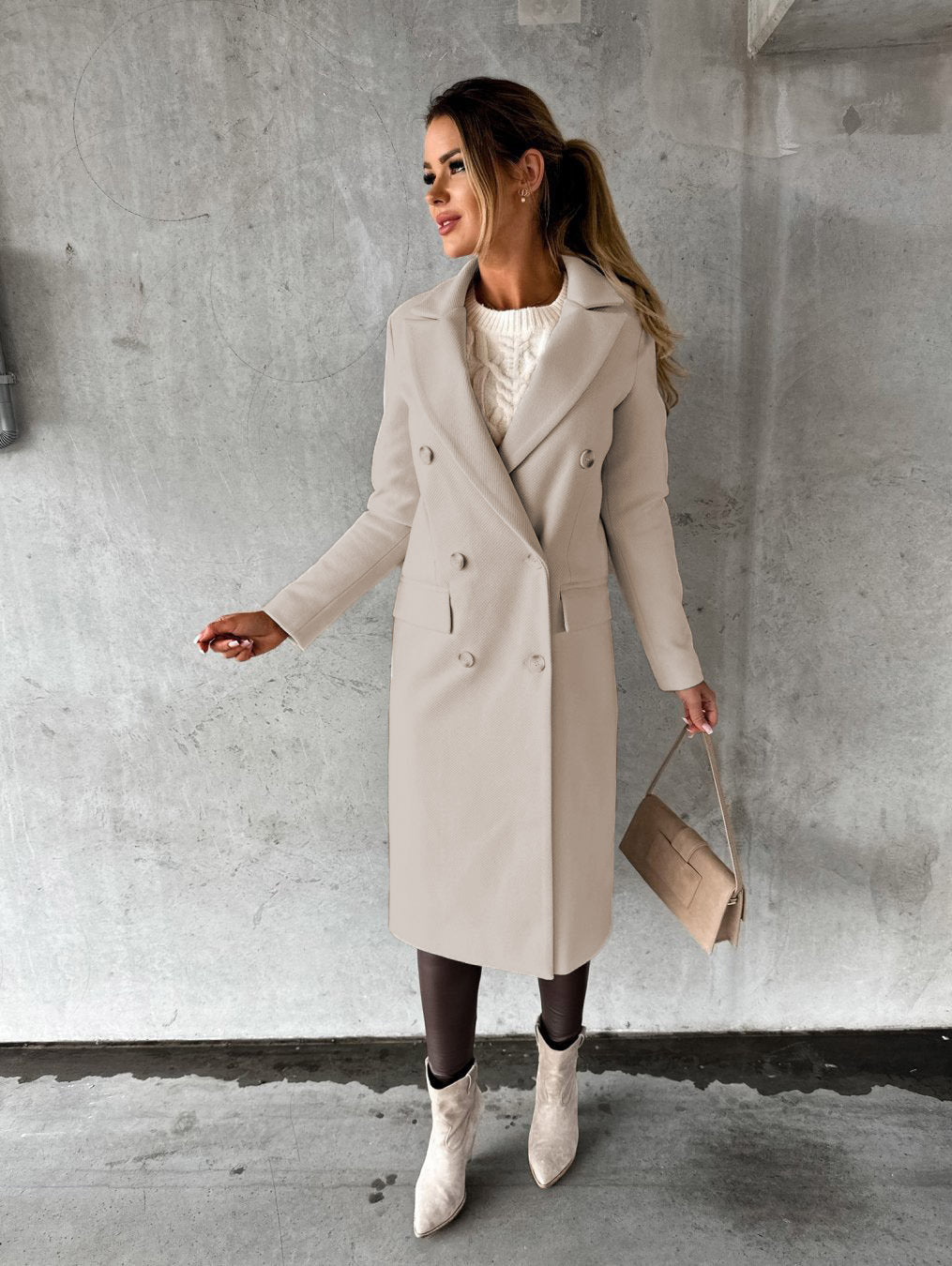Autumn Winter Women Clothing Long Sleeve Polo Collar Solid Color Double Breasted Slim Fit Coat Overcoat