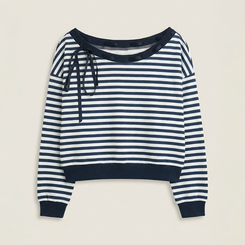 Autumn Casual Laid-Back One-Shoulder Cold Shoulder Classic Striped Sweater for Women