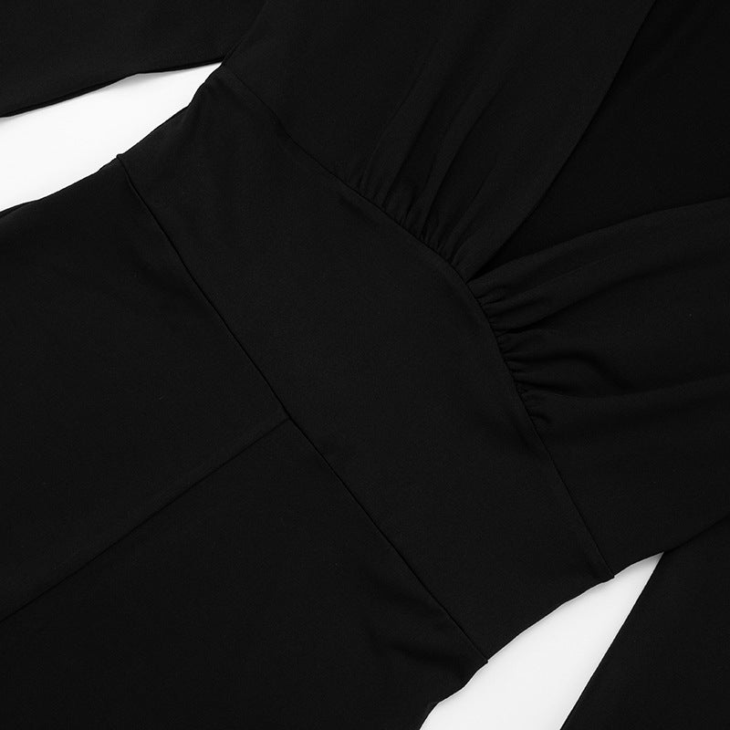 Women Autumn Solid Color Elegant Slim Deep V Plunge Long Sleeve Horn Long Conjoined Trousers