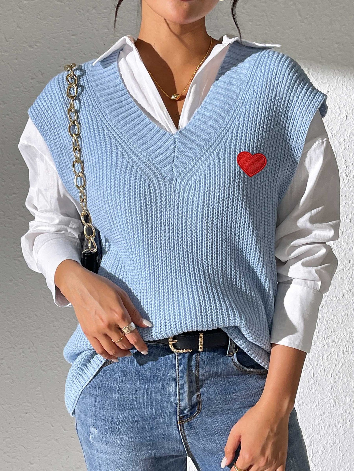 Women Vest Clothing Spring Autumn V neck Simple Vest Embroidery Love Stickers Sweater Waistcoat