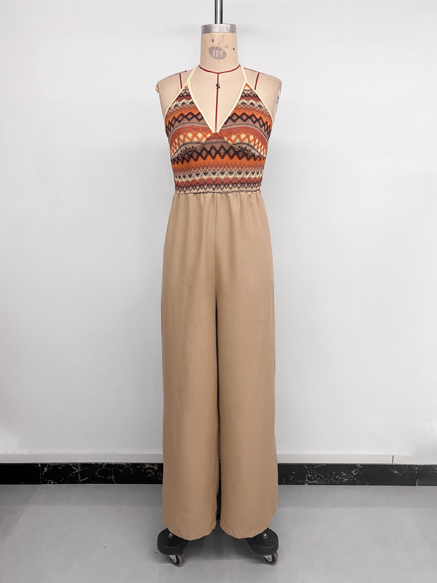 Retro Vacation Ethnic Halter Colored Embroidery Stitching Jumpsuit