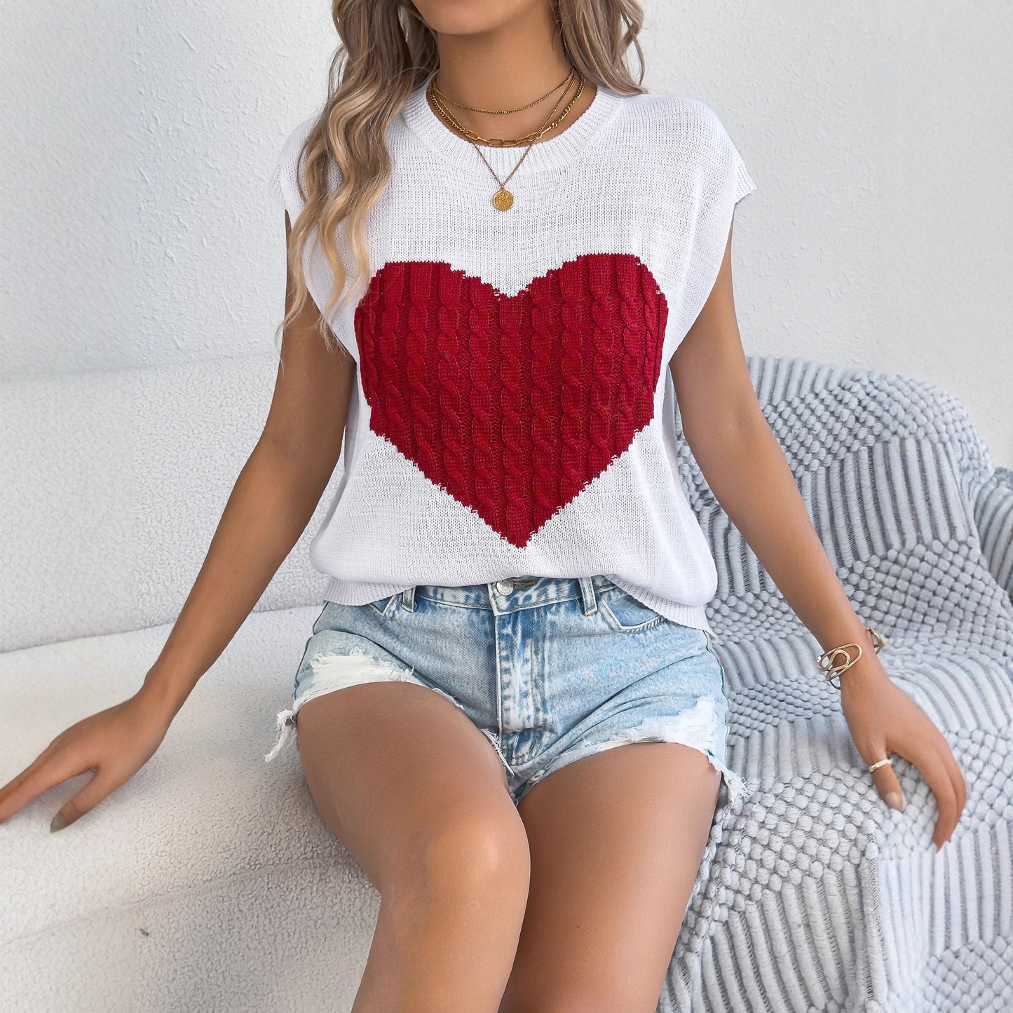 Spring Summer Contrast Color Love Casual Loose Knitwear Valentine Day Top Women Clothing