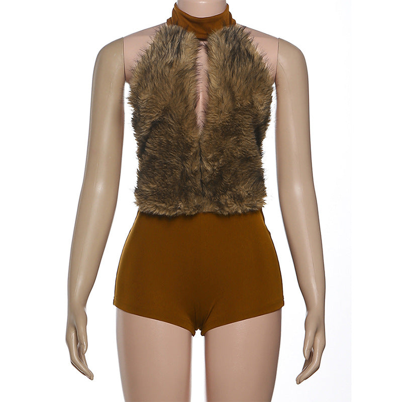 Women Clothing Autumn Winter Sexy Fur Stitching Halter Cut out Backless Jumpsuit