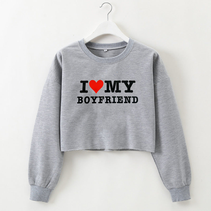 Street Hipster I Love My Boyfriend Printed Short Sweatshirt Autumn Winter Women Clothing