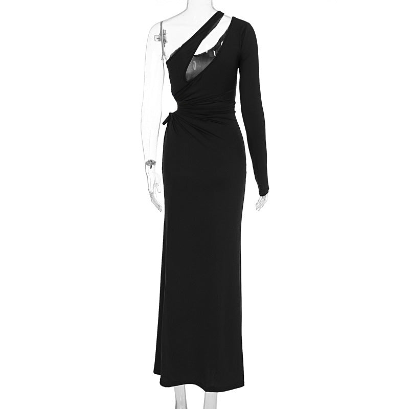 Fall One Shoulder Diagonal Collar Long Sleeve Dress Women Split Hollow Out Cutout Dress