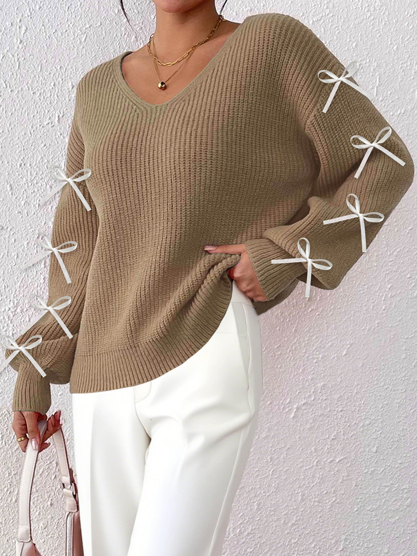 Women Autumn Winter Coat Women Clothing Ribbon Bow Decorative Woven Pullover