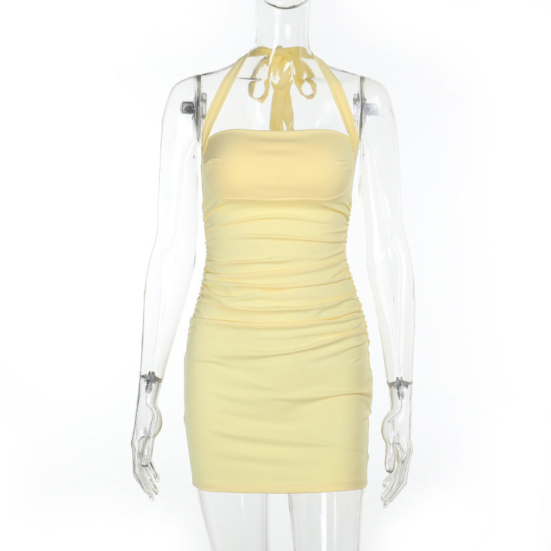 Southeast Asia Halter Basic Sling Dress Pleated Slim Hip