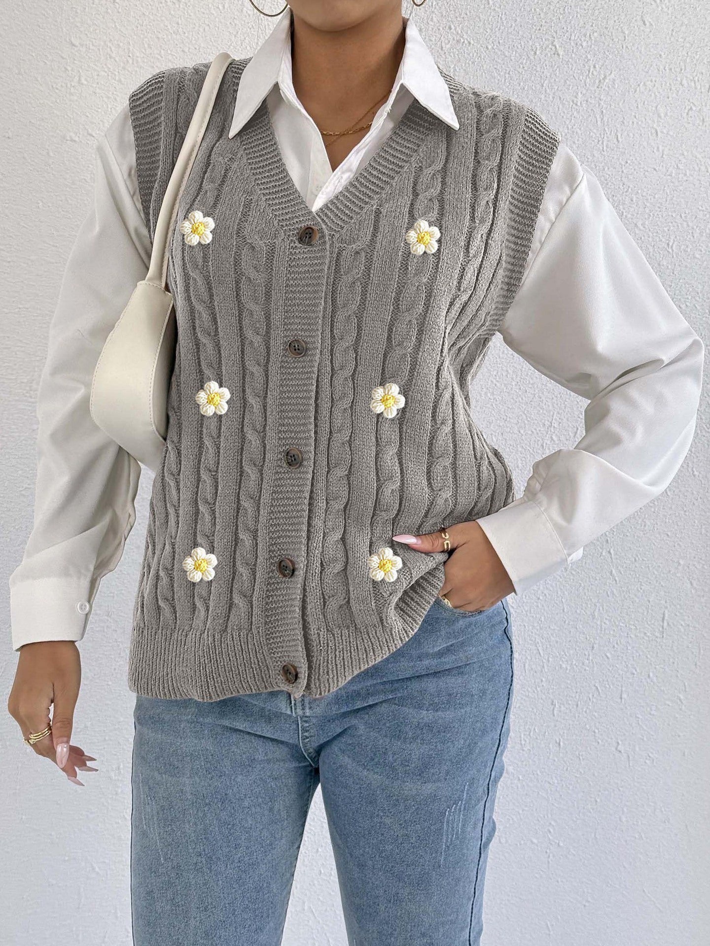 Women Knitted Cardigan Autumn Winter Women Clothing Casual Outerwear Vest Twist Woven Sweater Three Dimensional Floral Stitching Vest