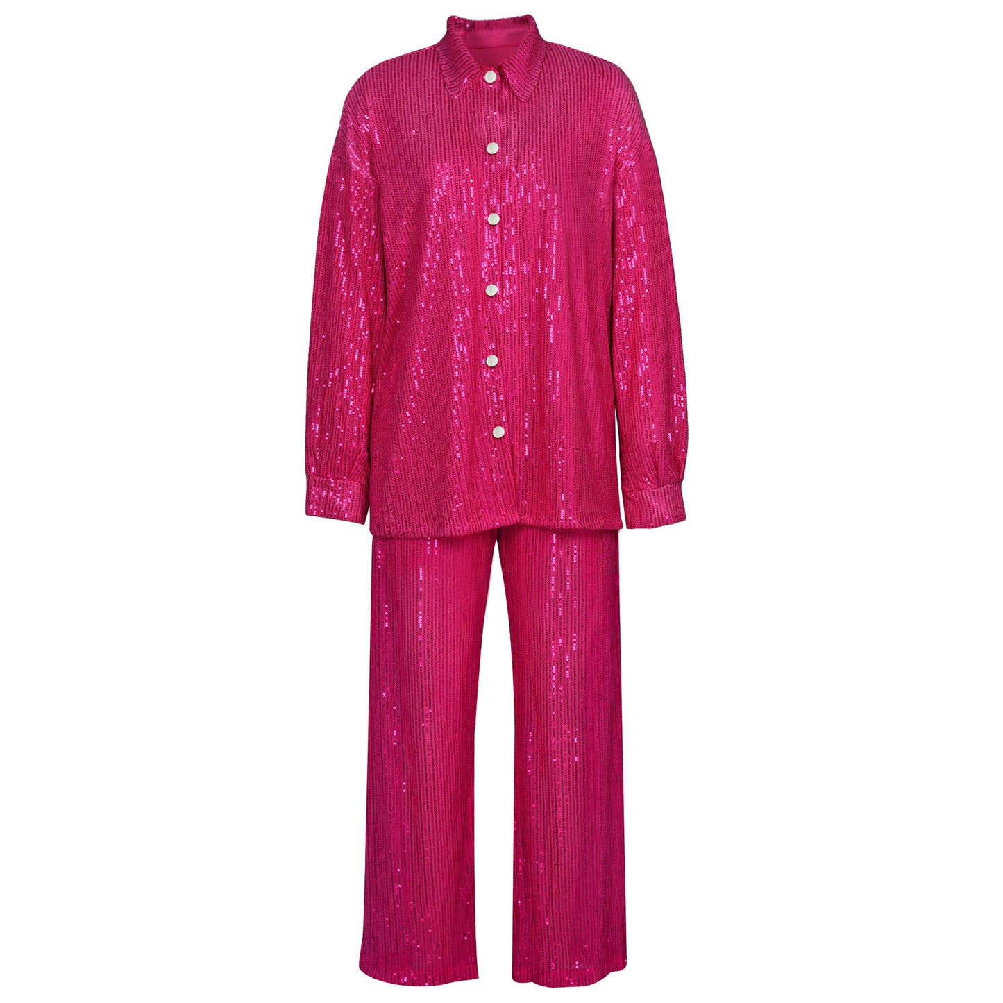 Spring Summer New Women Clothing Solid Color Sequ Fashion Casual Set Shirt Underwear Straight-Leg Pants