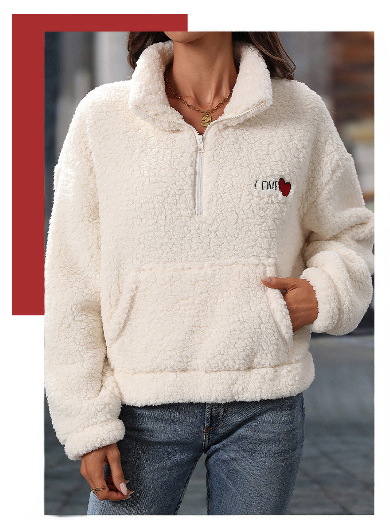 Women Clothing Arrival Autumn Winter Plush Long Sleeve Loose Half Zipped Stand Collar Pullover Sweatshirt