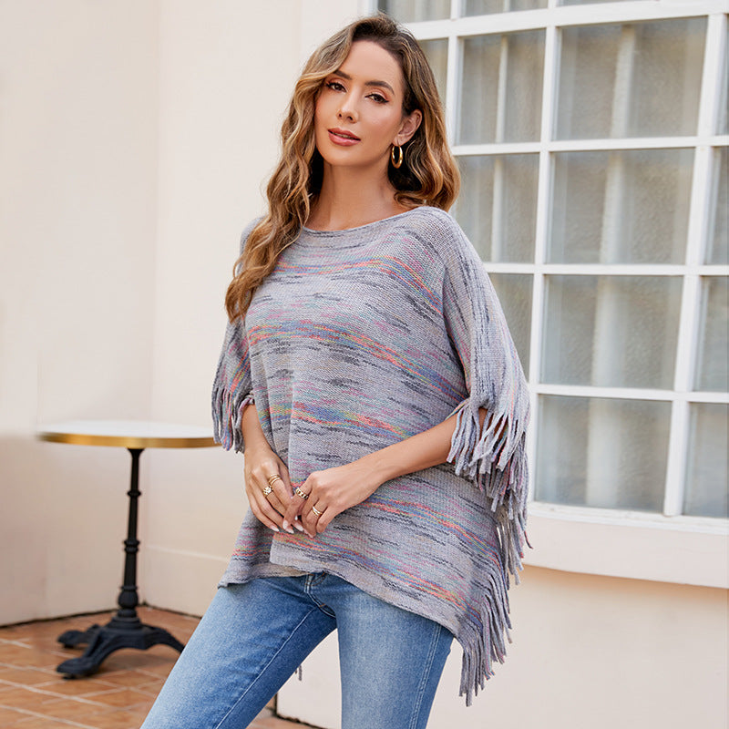 Tassel Cape Shawl Women Autumn Winter Outerwear Striped Knitted Cape