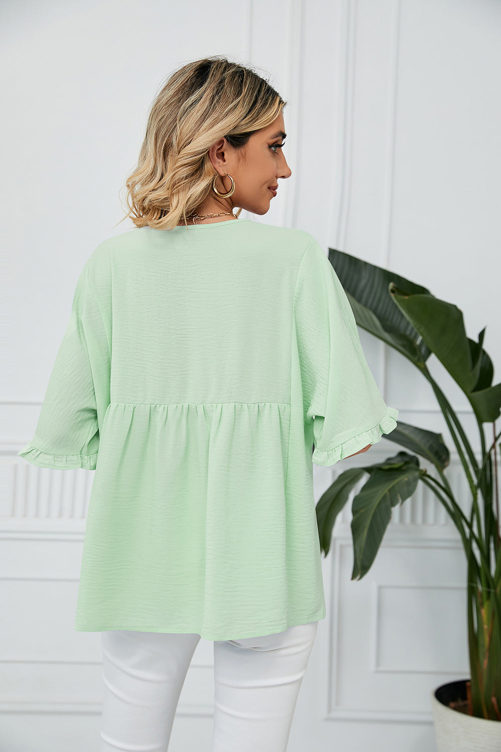 Summer Solid Color V-neck Loose Pleated Stitching Half Sleeve Chiffon Blouses for Women