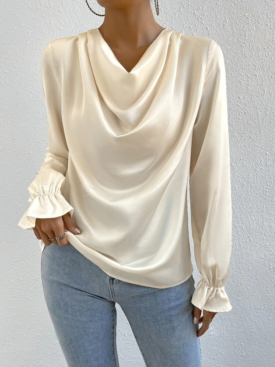 Women Clothing Ruffled Sleeve Satin Shirt Autumn Arrival Long Sleeve Satin Shirt