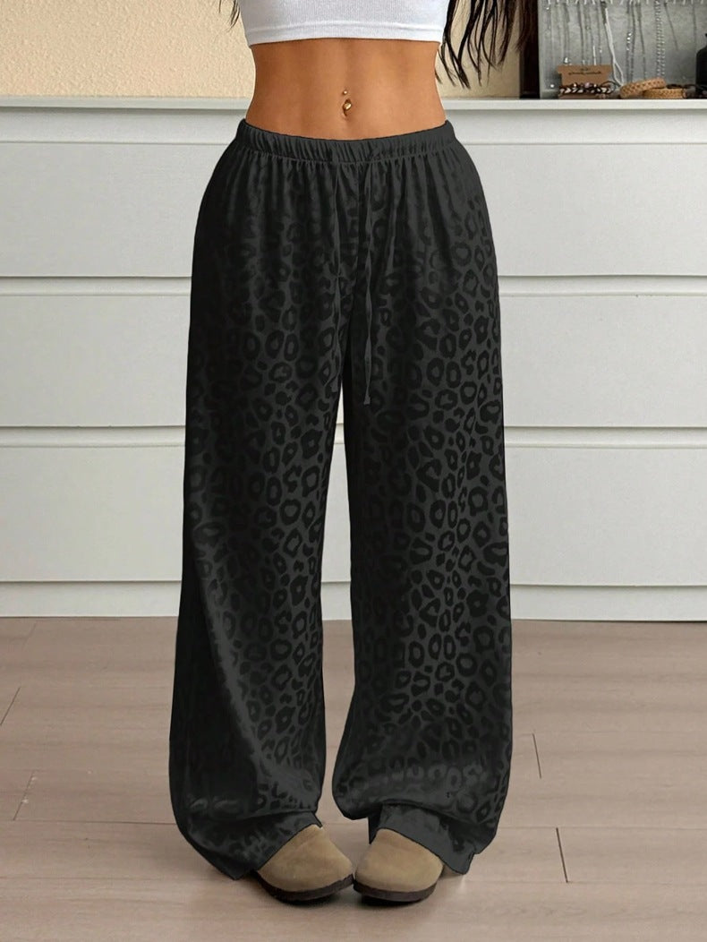Women Clothing Autumn Satin Casual Pants Drawstring Leopard Print Mop Wide Leg Pants Long Pants