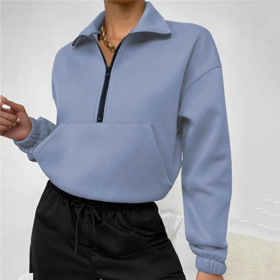 Autumn Women Clothing Loose Zip Collar Long Sleeve Sweatshirt Tops