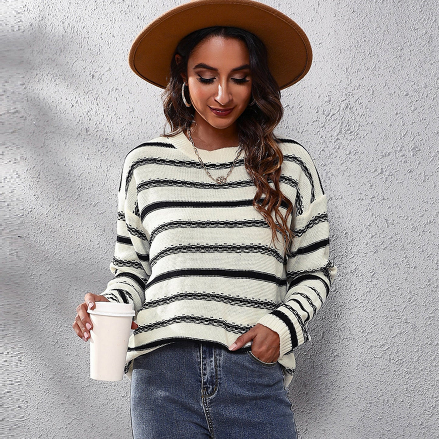 Striped Long Sleeved Sweater Women Loose Autumn Winter Knitwear Women Clothing Sweater