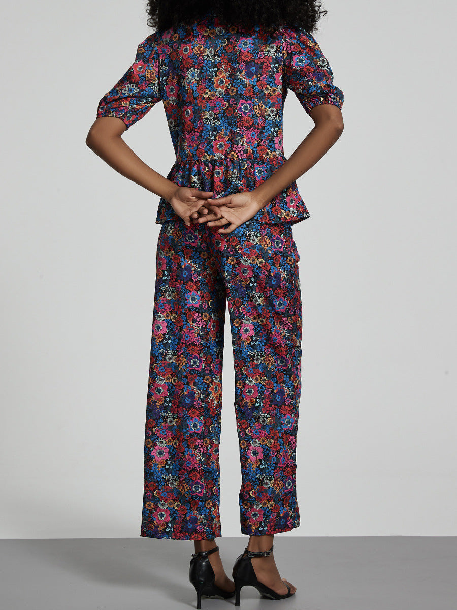 Women Clothing Pastoral Sets Bow Tie Shoulder Floral Puff Sleeve Top Trousers