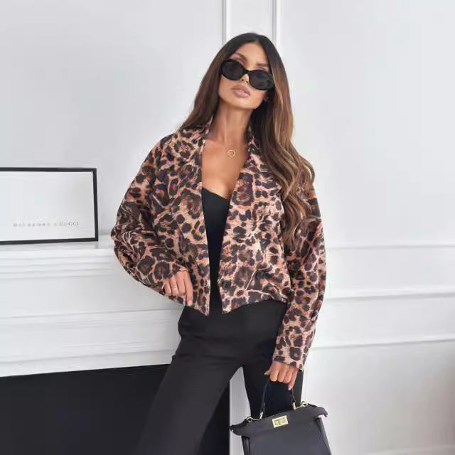 Women Clothing Autumn Winter Leopard Print Small One Button Long Sleeve Short Coat