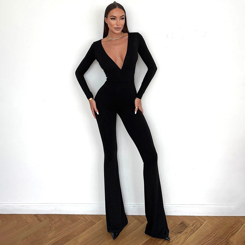 Women Autumn Solid Color Elegant Slim Deep V Plunge Long Sleeve Horn Long Conjoined Trousers