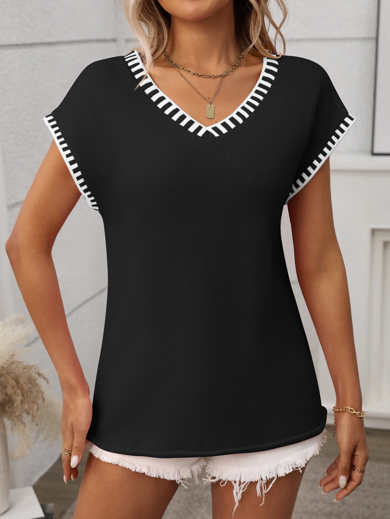 Summer Women Clothing Pullover Short Sleeve V neck Short Sleeve Striped Knitted Sweater