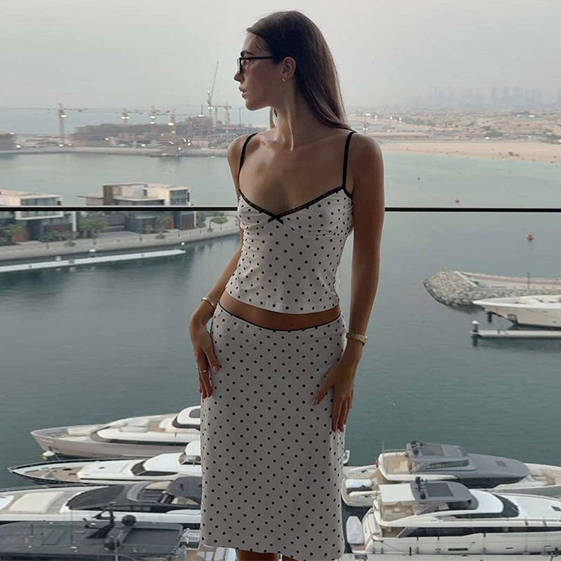 Women Clothing Winter Polka Dot Sexy Sling Slim Skirt Two Piece Set