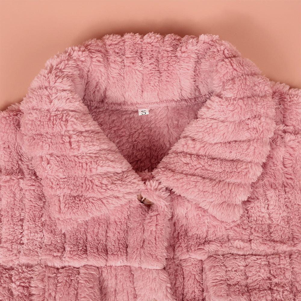 Women Clothing Autumn Winter Sunken Stripe Velvet Cardigan Collared Short Coat