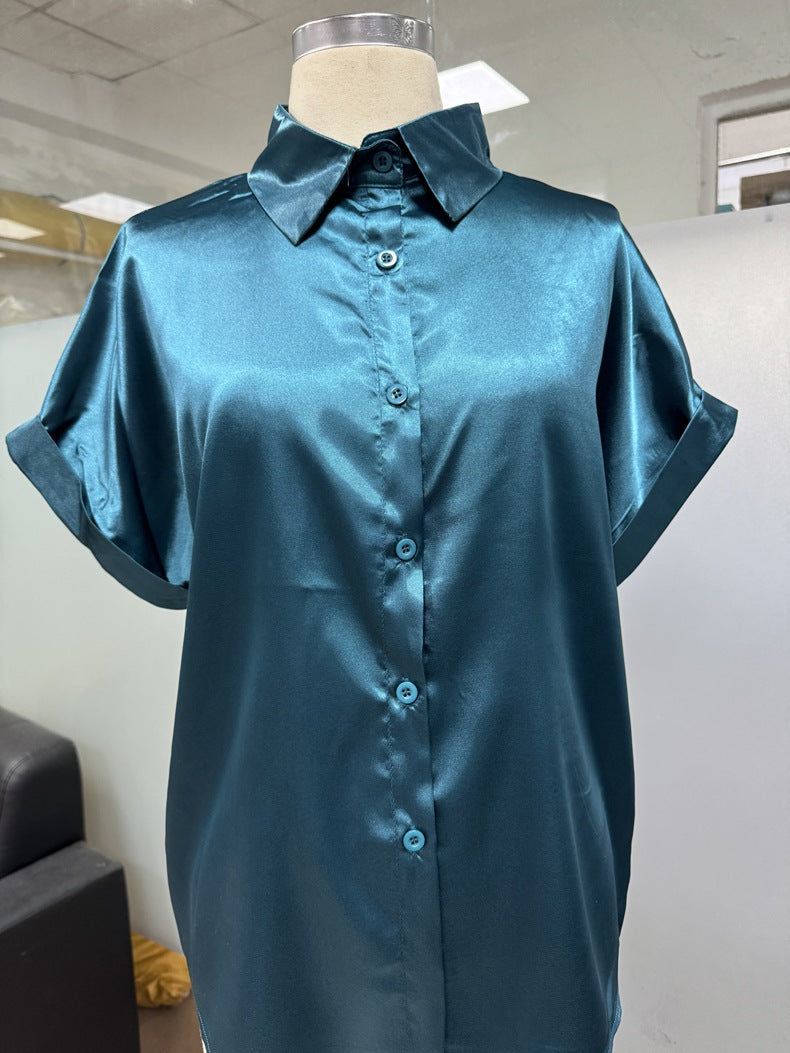 Satin Shirt Short Sleeve Satin Button Shirt Casual Loose Top Women
