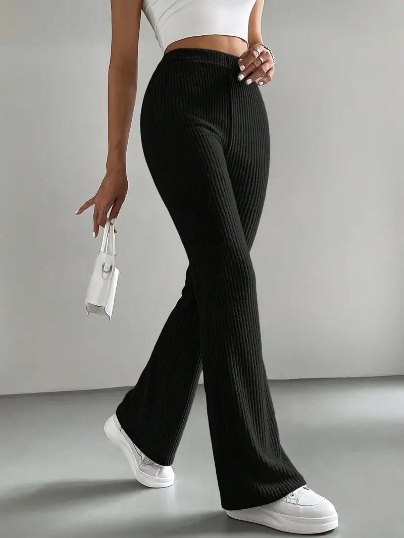 Bell Bottom Pants Women Autumn Solid Color Casual Pants Rib Knitted Fashionable All Match Slim Fit Women Pants