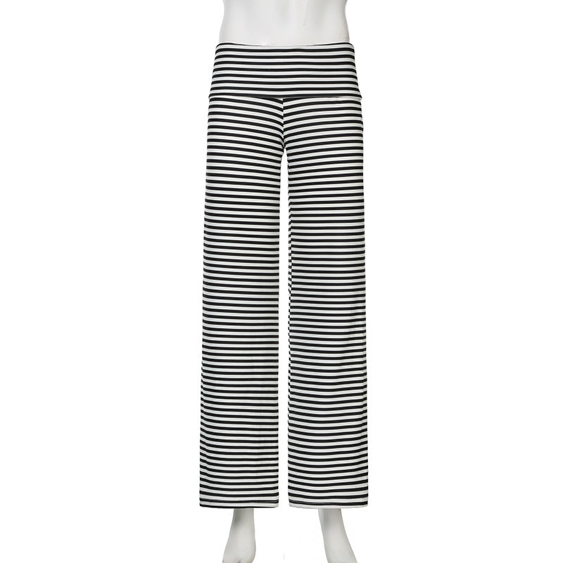 Casual Women Clothing Turn over Waist Striped Color Matching Straight Wide Leg Pants Home Comfortable Loose Trousers