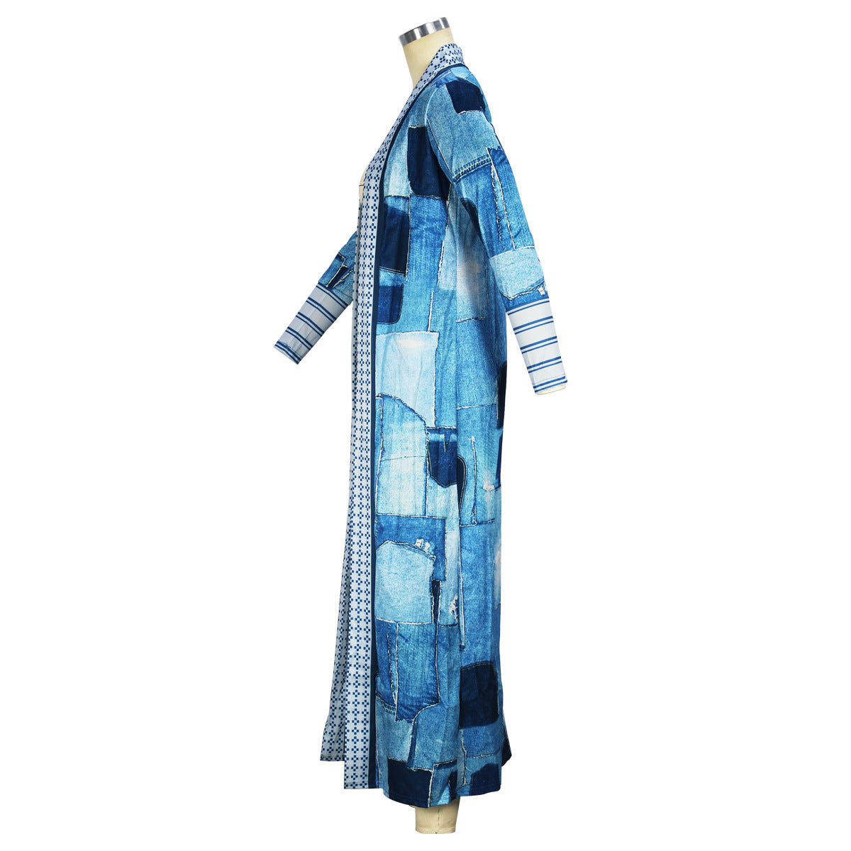 Casual Women Wear Imitation Denim Printed Long Trench Coat Cardigan Coat