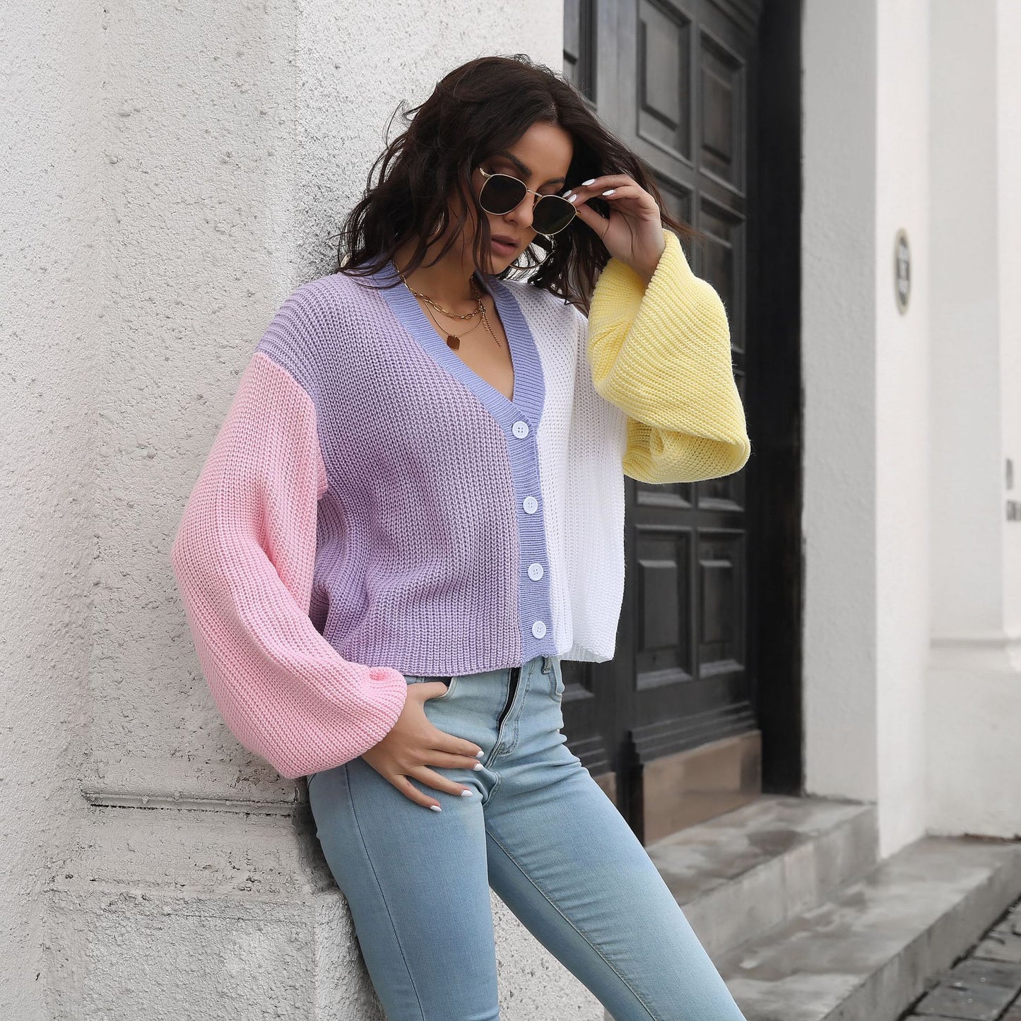 Color Stitching Knitted Cardigan Contrast Color Sweater Women Loose Long Sleeve Short Coat Women Clothing
