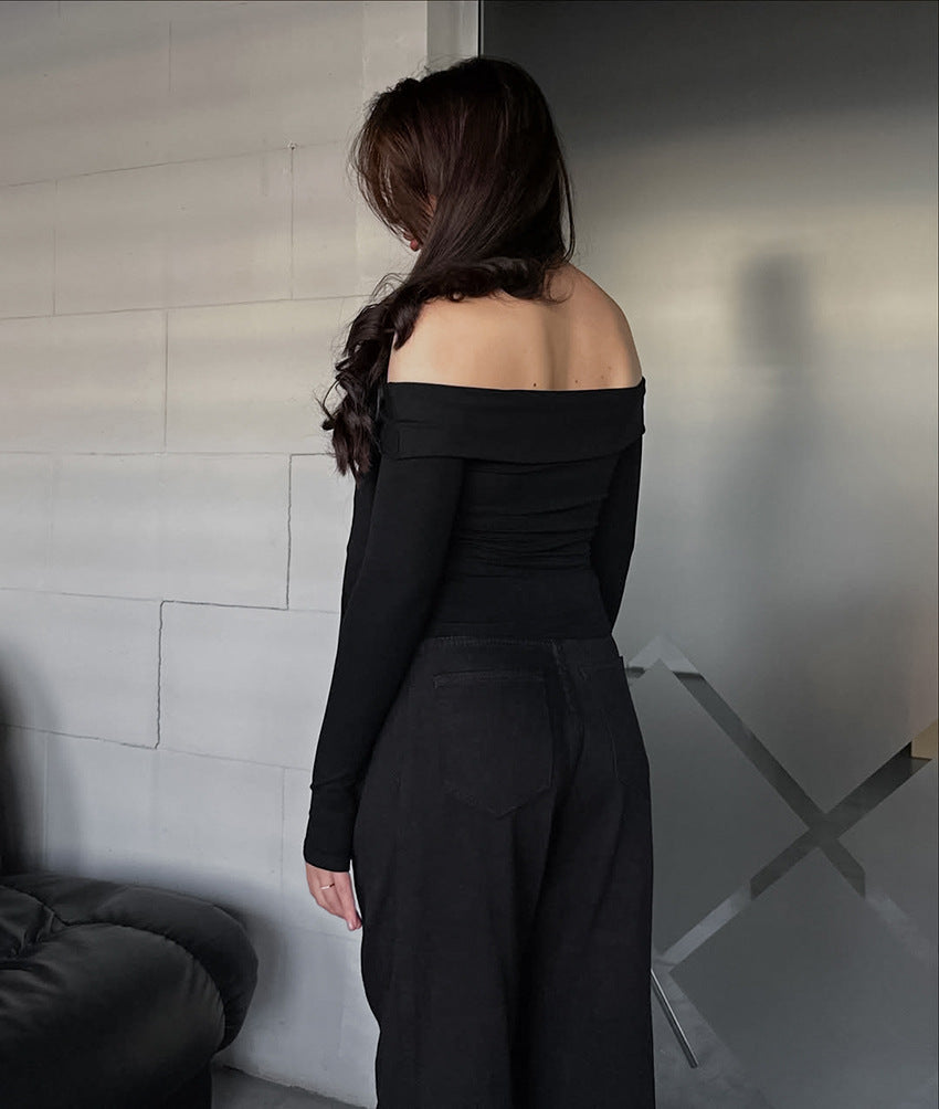 Intellectual off Neck Lace up Bow Long Sleeved Fitted T shirt Women Sexy Cold Shoulder Elegant Office All Matching Top