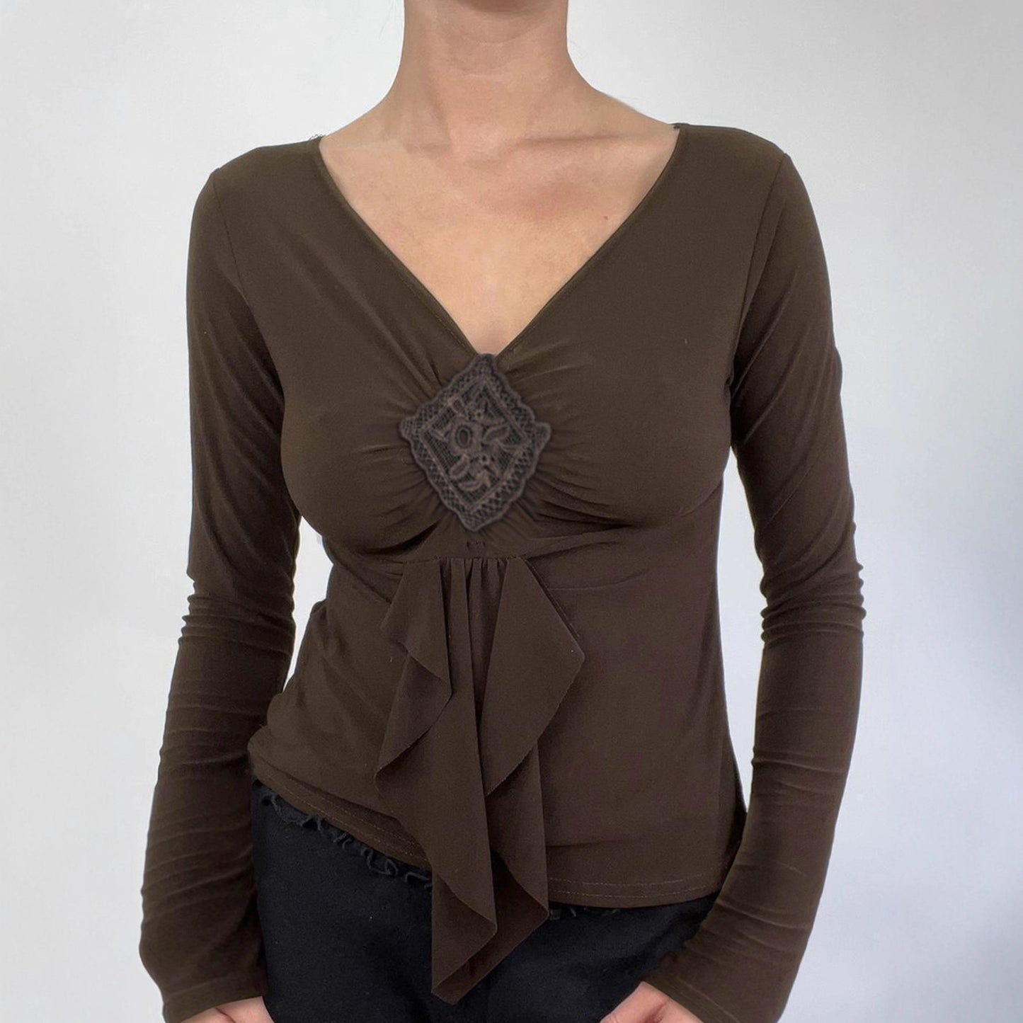 Retro Solid Color V neck Design Long Sleeve T shirt Women Irregular Asymmetric Pleated Slim Fit Slimming Top