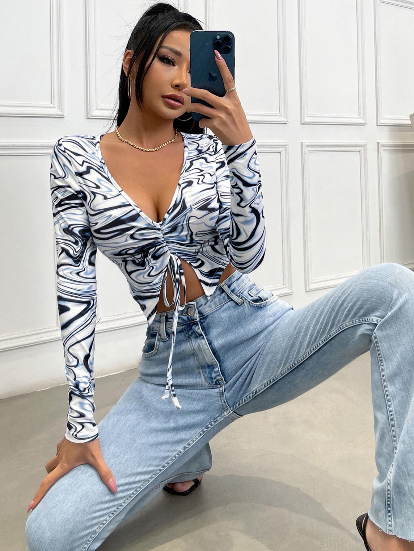 Women V neck Long Sleeve Drawstring Slim Fit Cropped Top Breathable Pleated Solid Color Simple Sweet T shirt Women Casual Spring Autumn Top