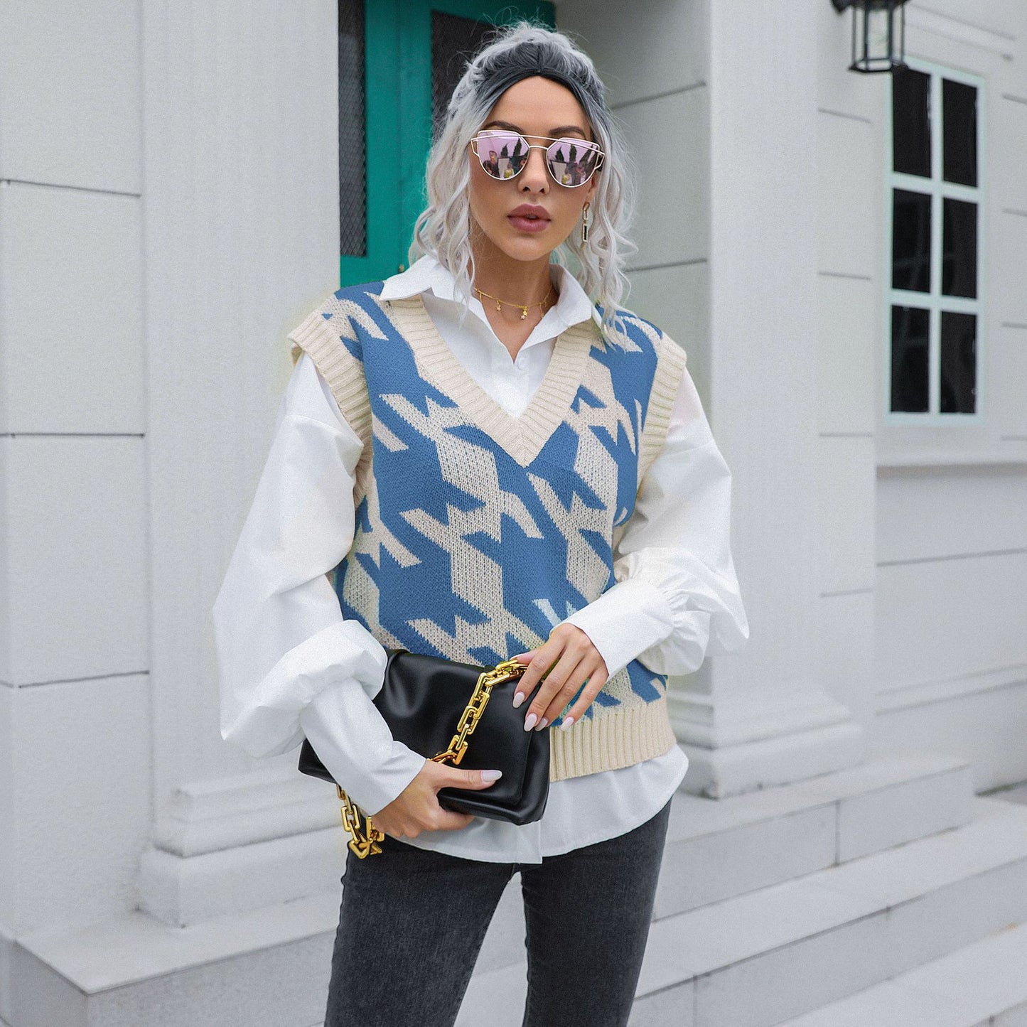 Houndstooth V-neck Vest Sweater Women Vest Outer Wear Inner Wear Autumn Winter Knitwear Sweater Boucle