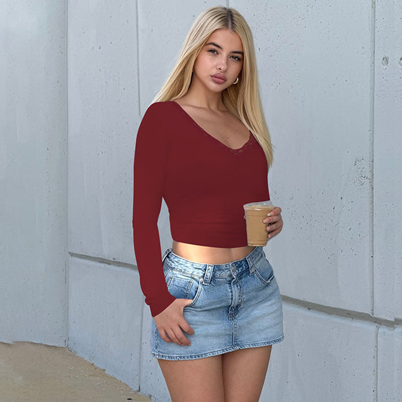 Women Clothing Winter Lace V neck Long Sleeve Top Casual Solid Color Slim Fit T shirt