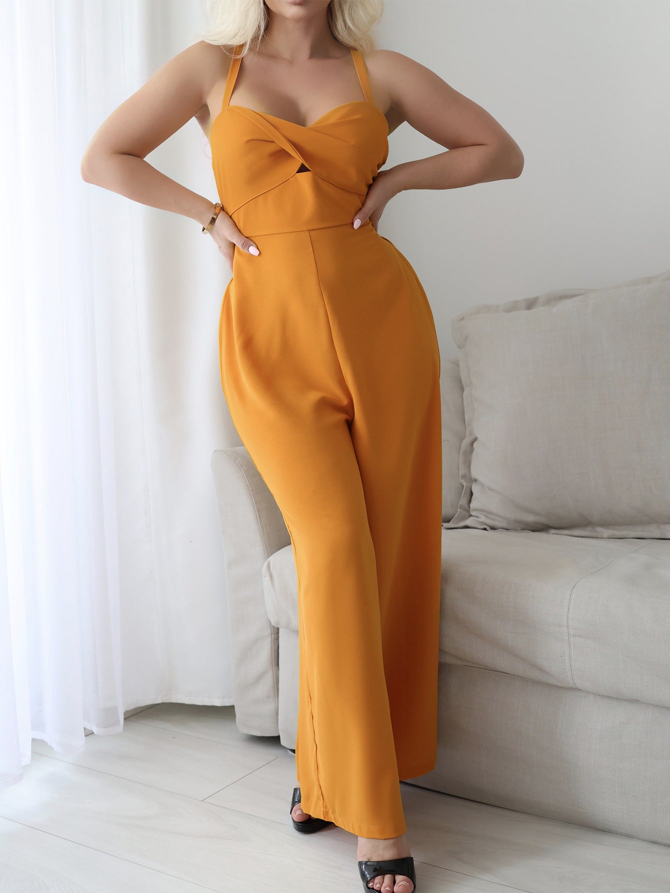 Spring Summer Casual Vacation Office Solid Color Sling Wide Leg Overalls Women Clothing