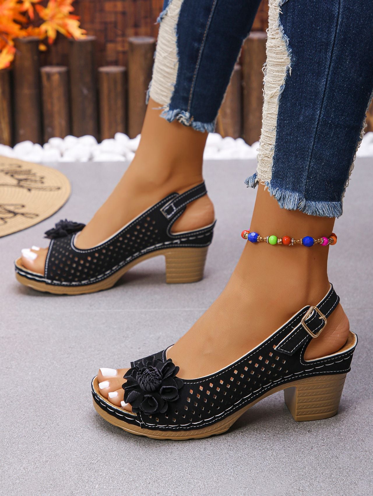 Hollow Out Cutout out Floral High Heel Peep Toe Sandals Women Chunky Heel Buckle Back Empty Sandals