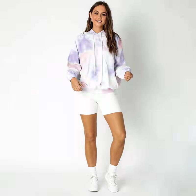 Autumn Winter Tie-Dye Loose Hooded Drawstring Women Clothing Urban Casual Long Sleeves