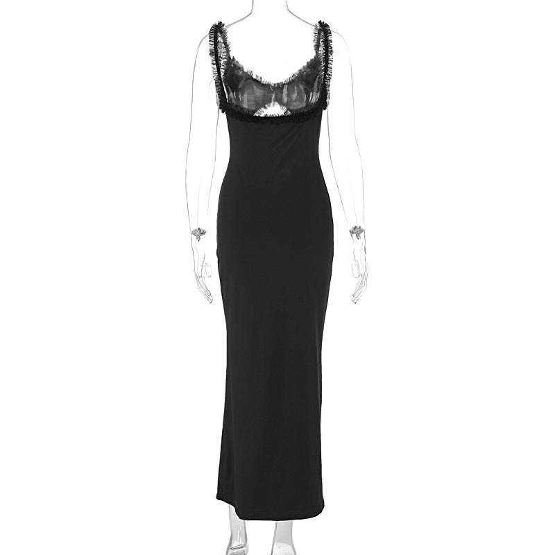 Summer Suspender Wooden Ear Collarless Cropped Sexy Slim Fit Jumpsuit Maxi Dress Women