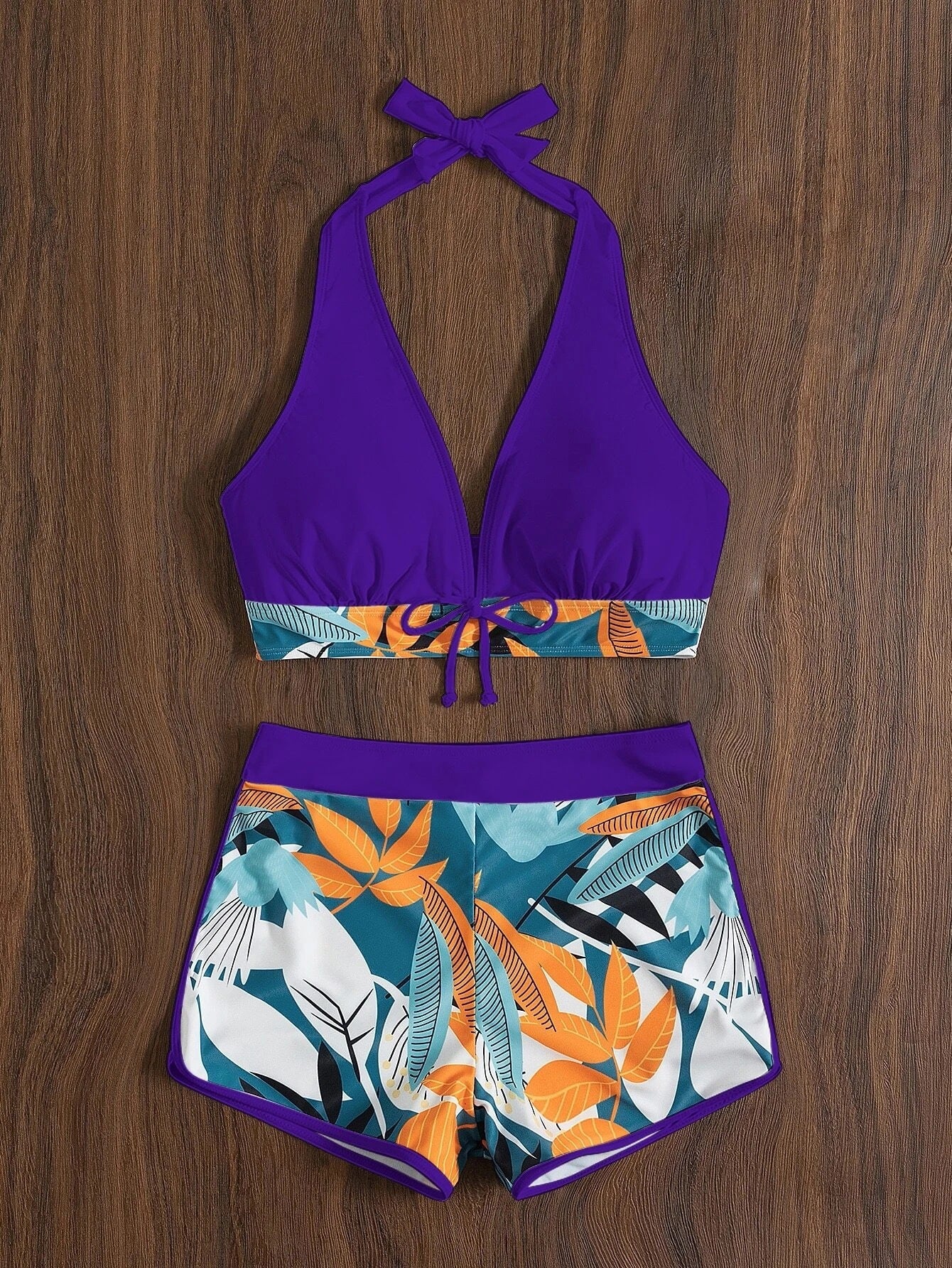 Swimsuit Women Split High Waist Boxer Lace Printing Solid Color Stitching Swimsuit