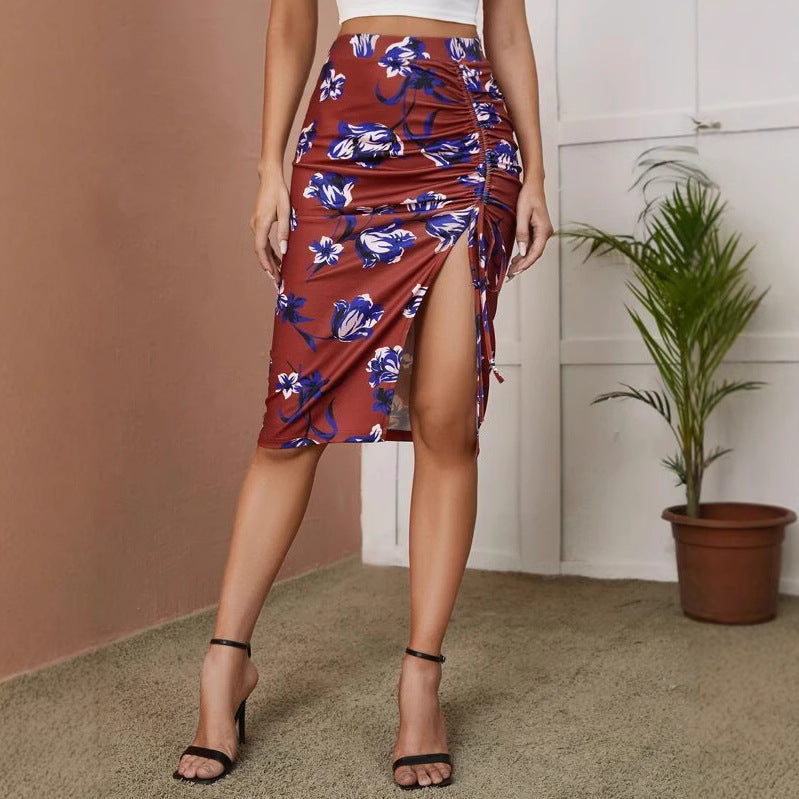 Skirt Summer Printed Drawstring Split Sexy Slim Skirt