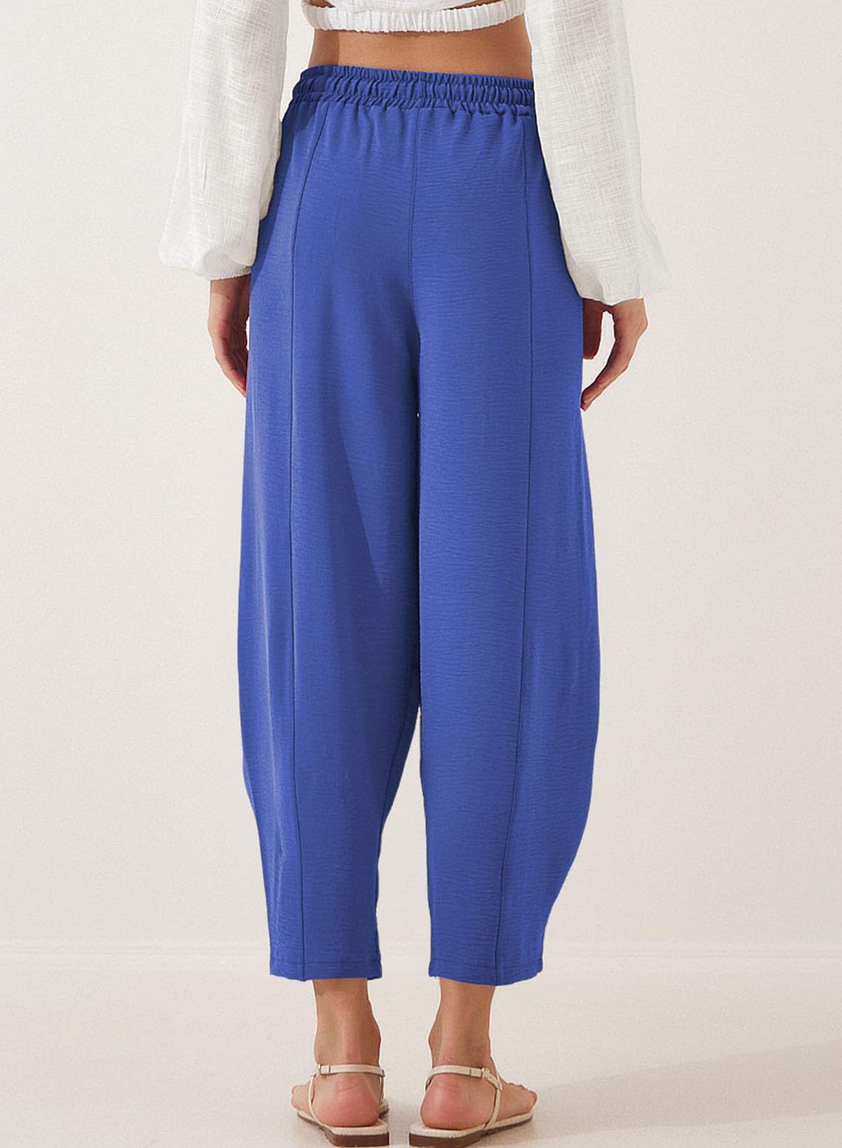 Women Clothing Spring Summer High Waist Loose Vacation Casual Drawstring Pocket Cropped Pants