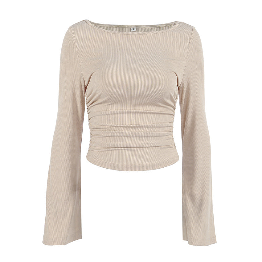 Design Solid Color Slim Fit Pleated round Neck Bell Sleeve Top for Women Spring Undershirt