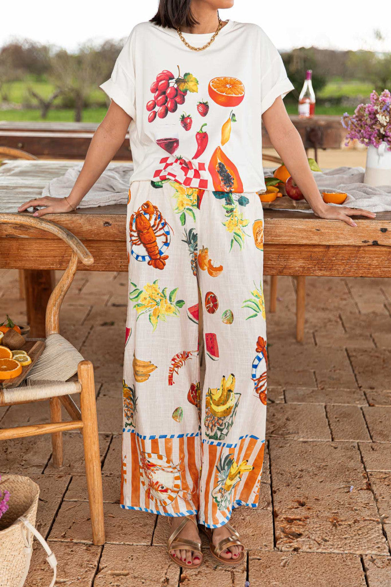 Graffiti Printing Loose Short Sleeve T shirt Wide Leg Straight Pants Vacation Set