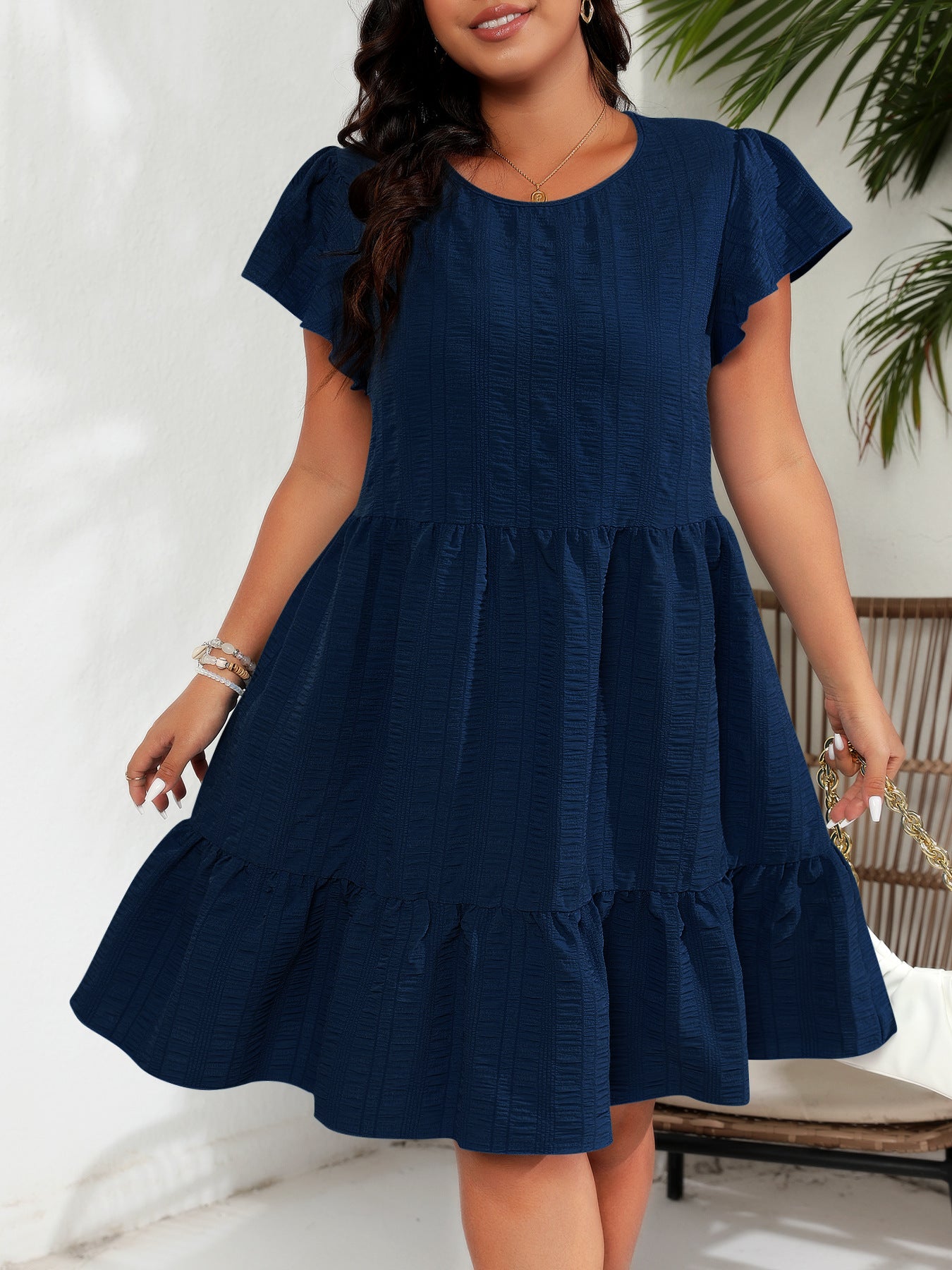 Plus Size round Neck Ruffle Sleeve Waist Tight Vacation Casual Dress