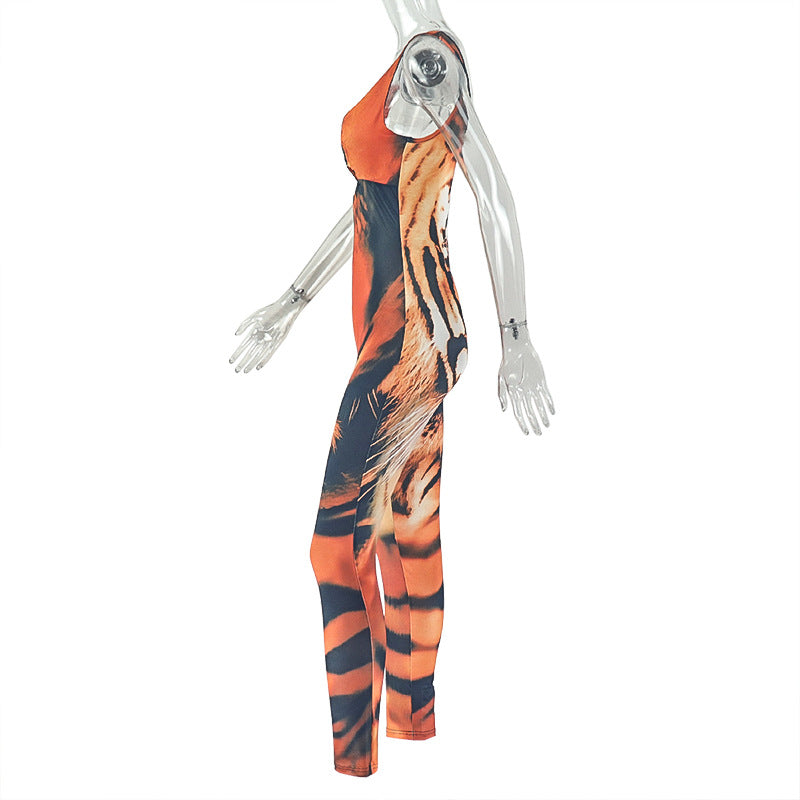 Personality Women's Printed Wear Street Niche Strap Jumpsuit Bandeau Sexy Tiger Pattern Long Jumpsuit